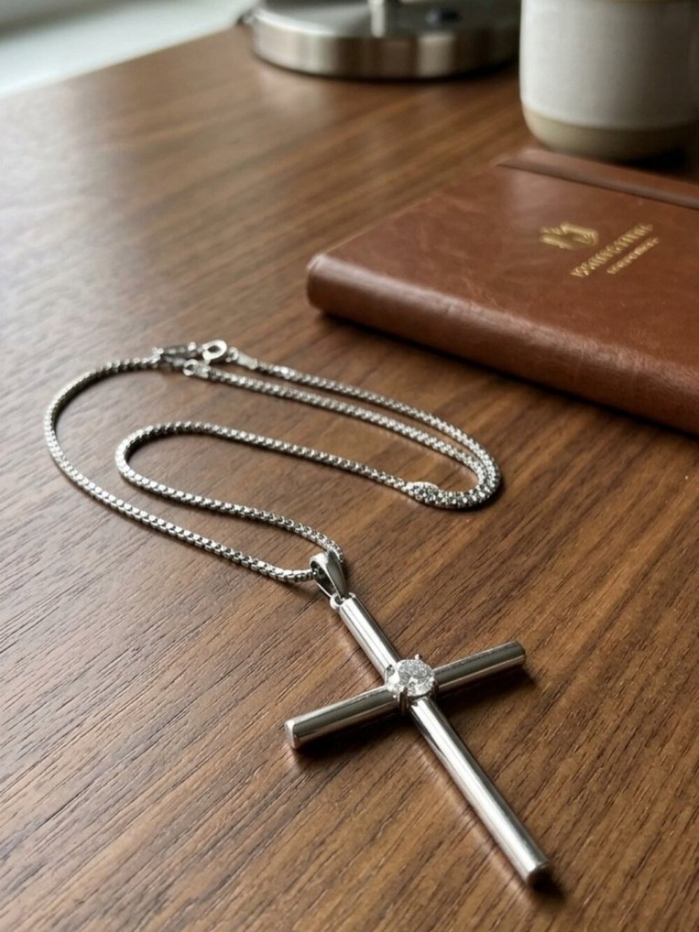 Mens 14k White Gold Moissanite Cross Necklace, 925 Silver